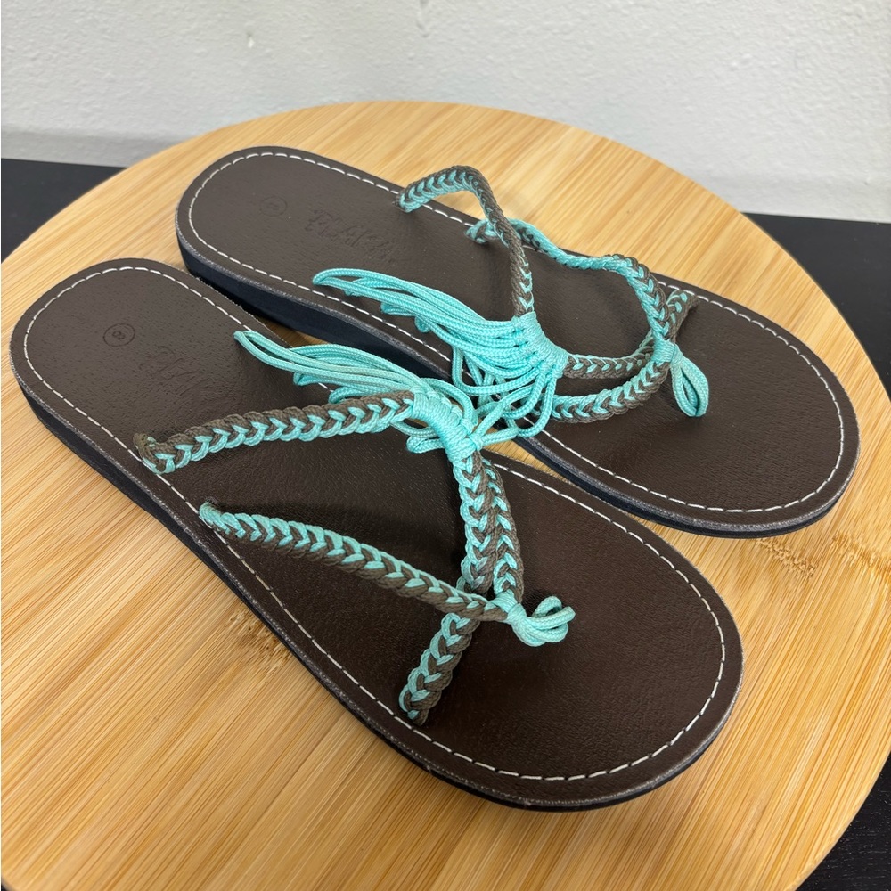 Plaka Women’s 8 Oceanside Beach Flip Brown Turquoise Boho Style Sandals‎